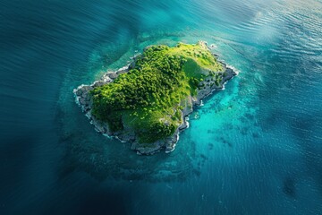 Captured from the bird's eye view of a plane, this photo reveals a solitary island nestled like a precious gem in the vast expanse of ocean. With its lush greenery kissing the shores - generative ai
