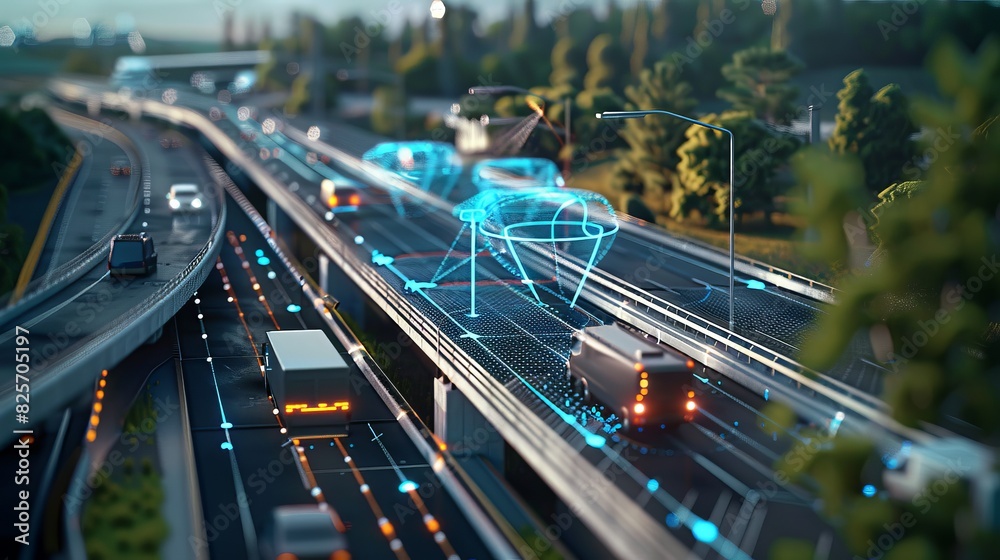 Wall mural application of digital twin technology in traffic management, showing icons representing vehicles on