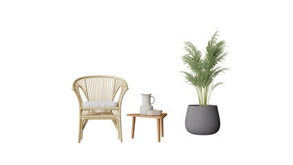 a chair and a table with a plant in it