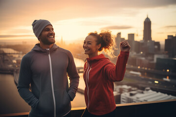 Young couple in athletic wear standing on a bridge at sunrise, smiling and stretching, enjoying an early morning workout with a cityscape backdrop
