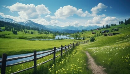 A stunning spring day landscaping views of fertile land surrounded beautiful green vegetation, wide stretches of hills and mountains with clear skies in spring