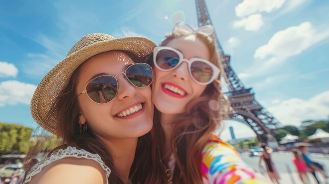 Girls Enjoying Their Vacation In Paris, Their Smiles And Excitement Captured In Front Of Iconic Landmarks, Hd Images