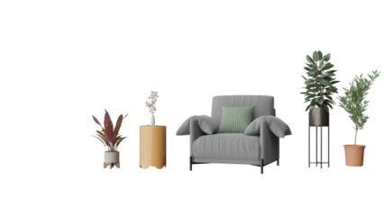 a chair  plant  and vases on a black background