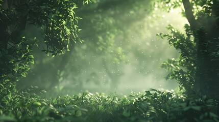 Fototapeta premium a forest of trees with green leaves and fog in the background, the sun shining through in a grainy, blurry style