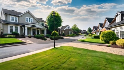 Fototapeta premium an image of a peaceful suburban street with well-manicured lawns and cozy homes.
