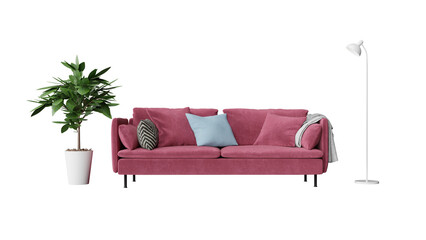 a pink couch with pillows and a plant