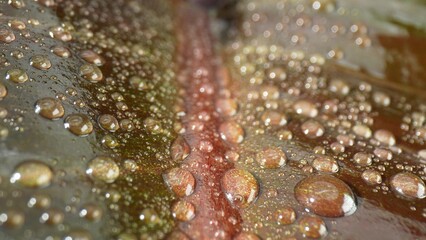 Intricate macro close-up showcases the magic of sparkling water droplets on glistening wet brown...