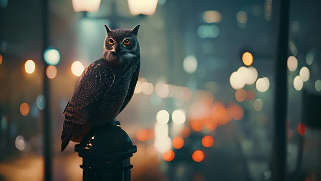 Owl Perched on Street Lamp in City at Night with Ai generated.
