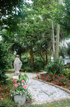 Virgin Mary Statue With Flower Crown In Garden Catholic May Crowning
