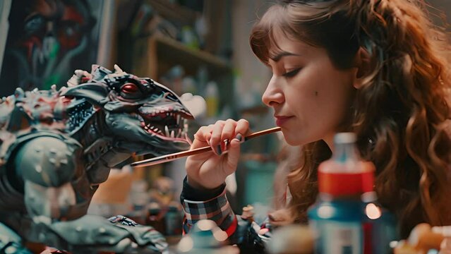 Woman Painting Detailed Dragon Model in Workshop with Ai generated.
