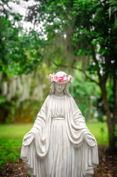 Virgin Mary Statue With Flower Crown In Garden Catholic May Crowning