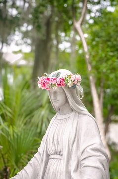Virgin Mary Statue With Flower Crown In Garden Catholic May Crowning