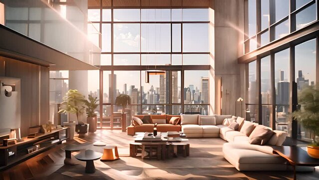 Luxurious Penthouse Living Room with City View with Ai generated.
