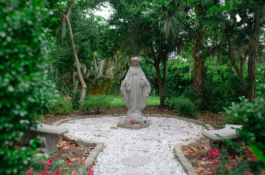 Virgin Mary Statue With Flower Crown In Garden Catholic May Crowning