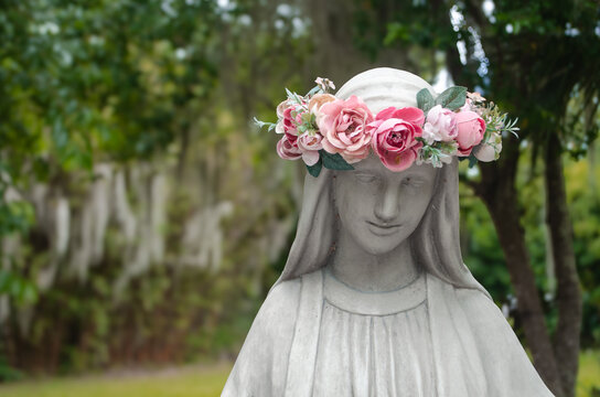Virgin Mary Statue With Flower Crown In Garden Catholic May Crowning