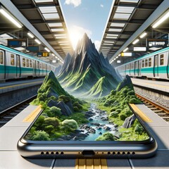 Smartphone Displaying 3D Mountain Landscape on Train Platform