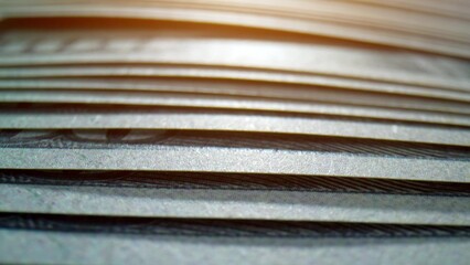 A macro view of a stack of American 100 dollar bills, rich in detail and texture. Climate finance...