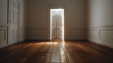 Fototapeta premium The scene captures an unfurnished room featuring only a door and a solid wooden floor 