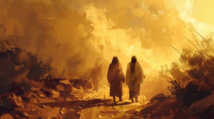 Jesus walks with two disciples on the road to Emmaus their hearts burning within them as he explains the Scriptures. Despite their confusion