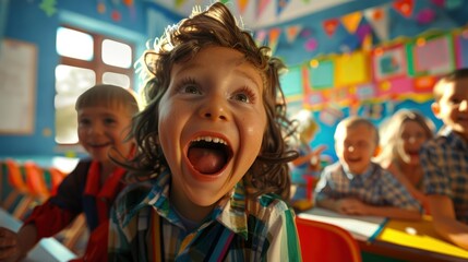Obraz premium Kids Having Fun At School, Their Faces Lit Up With Excitement And Enjoyment In A Vibrant Classroom Setting, Hd Images