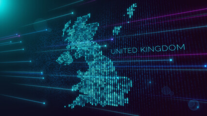Abstract Futuristic Blue Violet Shiny Perspective Square Hud Particles Mosaic Grid And Text Of United Kingdom Region Map With Dotted Lines Light Flare