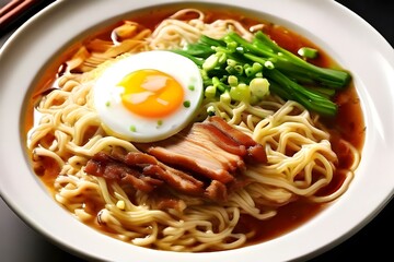 Egg noodle with crispy pork and soup of chinese cuisine.