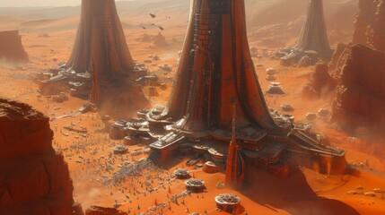 a futuristic colony on Mars, a big city build in Arcology style, Busy traffic of futuristic ground and aircraft vehicles between the tall buildings, - Powered by Adobe