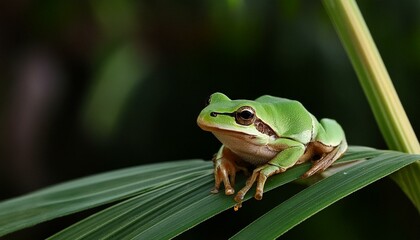 Tiny green frog on plant leaf in garden close up
