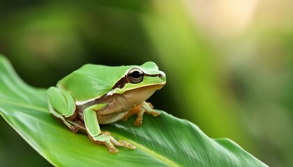 Tiny green frog on plant leaf in garden close up
