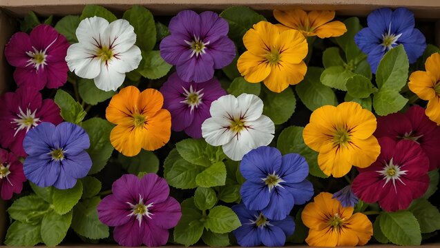 From the top view of Tigirdia,Tropaeolum majus,Viola tricolor,Vinca difformis flowers bloom ornamental isolate on transparent backgrounds