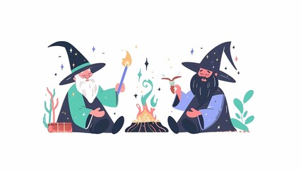 2 sitting magical enchanted wizards casting spells wearing wide brimmed pointy hat magic fire large long fluffy beard around campfire