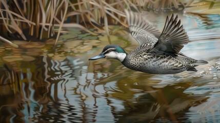 Obraz premium Grey Teal Bird Anas gracilis gliding through a lagoon