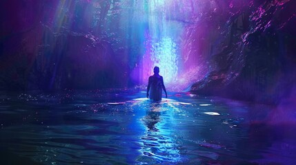Obraz premium Jesus baptism in a futuristic river with neon water divine light from the heavens
