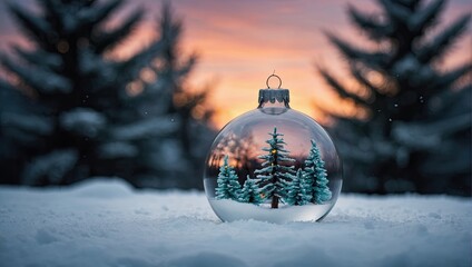 A snow globe with a christmas glass ball tree decoration with a snowy landscape in the background.