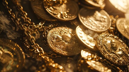 Gold coin histamenon 13th century Byzantium on the background of vintage gold coins and chains selective focus money abstraction : Generative AI