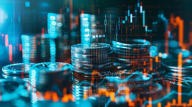 Double exposure image of coin stacks on technology financial graph backgroundEconomy trends background for business financial meltdown Cryptocurrency digital economy : Generative AI