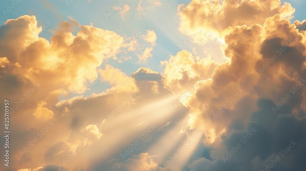 Wall mural clouds hang low in the sky with beams of golden crepuscular rays shining through the breaks creating