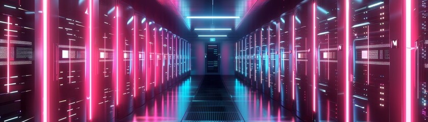 Fototapeta premium Futuristic server room aisles with glowing lights