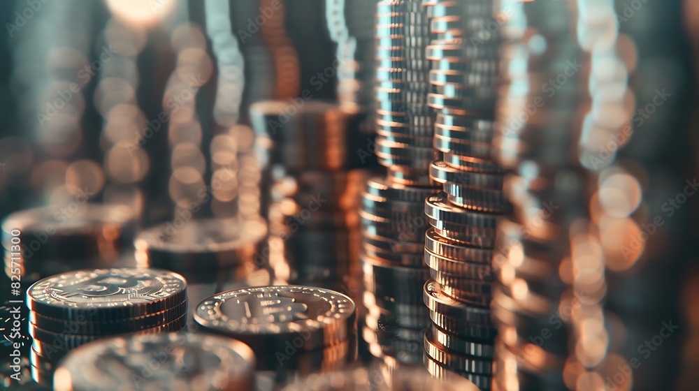 Poster rows of coins and blurred bokeh for finance and banking concept : Generative AI