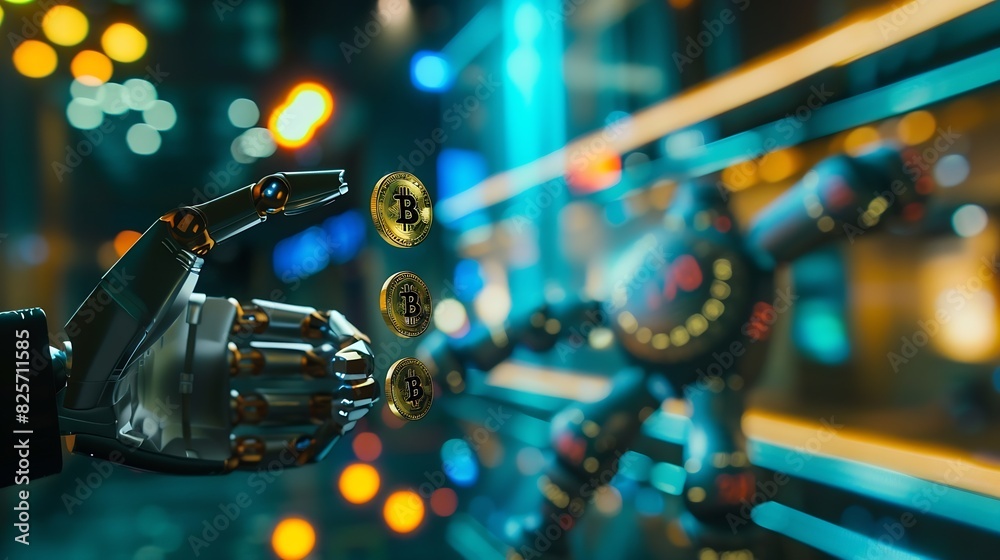 Poster Robot trading concept Robot hand represents use of artificial intelligence in trading stocks Gold coins are displayed as graphs on smartphone Digital transformation technology Ai make  : Generative AI