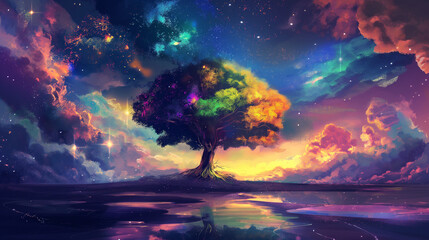 A psychedelic tree of life in the middle, a river flowing through it with vibrant colors and clouds surrounding it