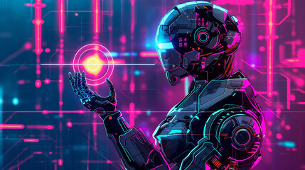 Fototapeta premium Upper A.I. body and face of a robot with glowing eyes, holding an energy circle in its hand