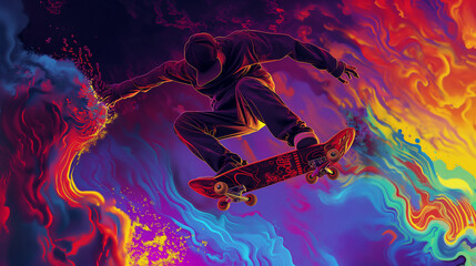 A skater on skateboard jumping and flying in colorful paint art