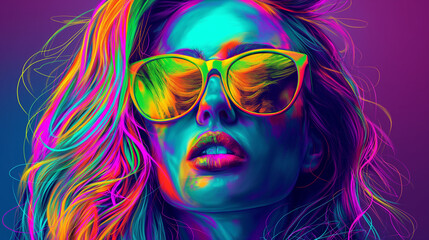 Obraz premium A woman with colorful hair and sunglasses in the style of neon lights