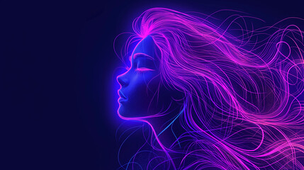 Vibrant neon colors and dynamic lighting effects create an intricate line art portrait of a mythical girl with long hair against a dark background