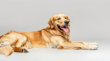Studio shot of an adorable Golden retriever lying with hanging tongue  isolated on white background : Generative AI