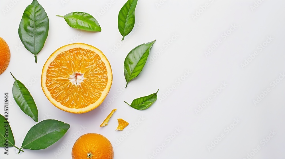 Poster orange fruit with segment and green leaves isolated on white background : generative ai