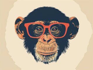 A chimpanzee wearing red-framed glasses.  The chimpanzee has a neutral expression.  The background is a beige color.