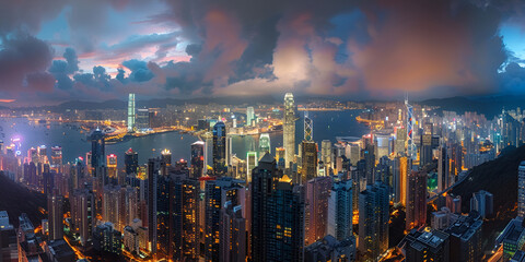 Fototapeta premium Hong Kong Skyline: Urban Nightscape | City Lights and Skyscrapers