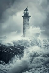 Lighthouse withstands the fury of a stormy sea with fog